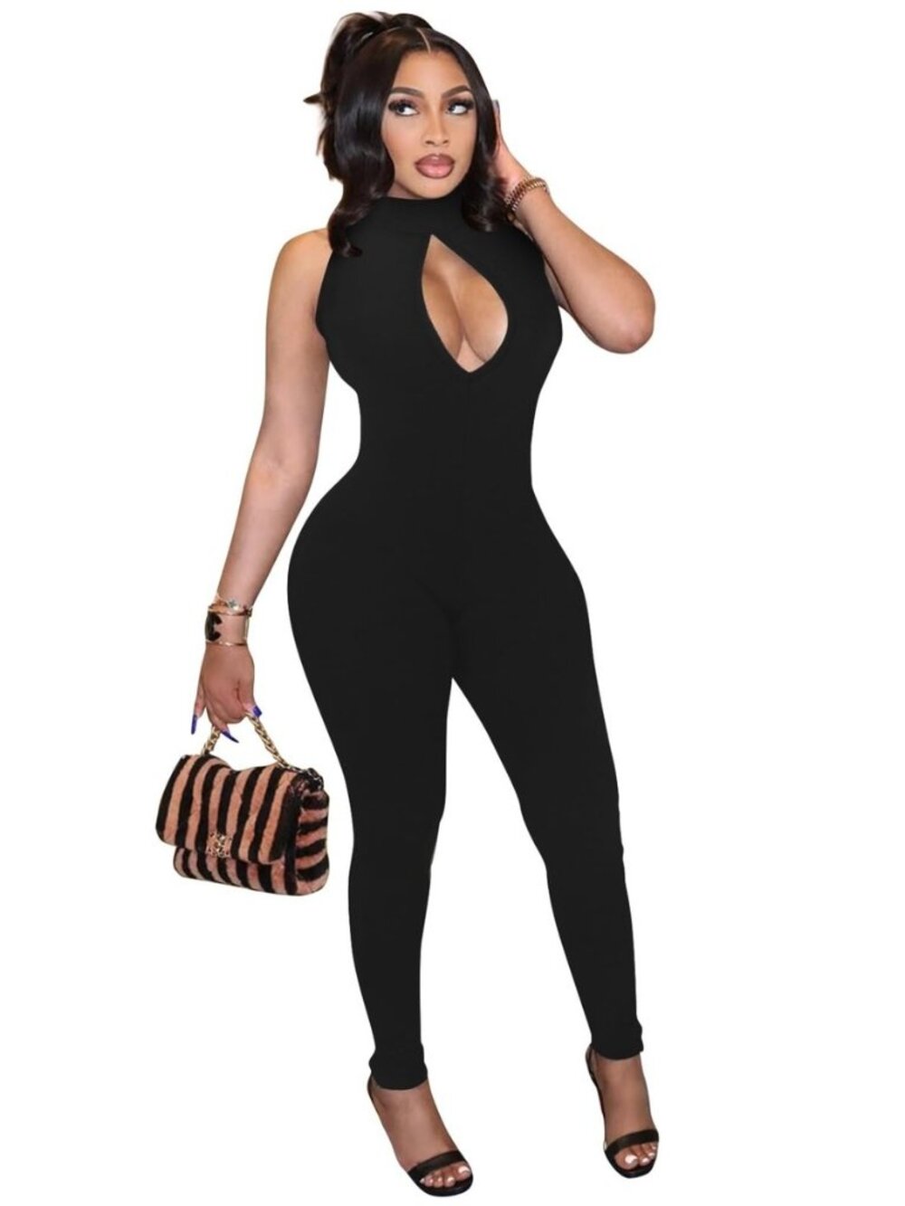 Women's Cut out Bodycon Jumpsuit Sleeveless Mock Neck Catsuit